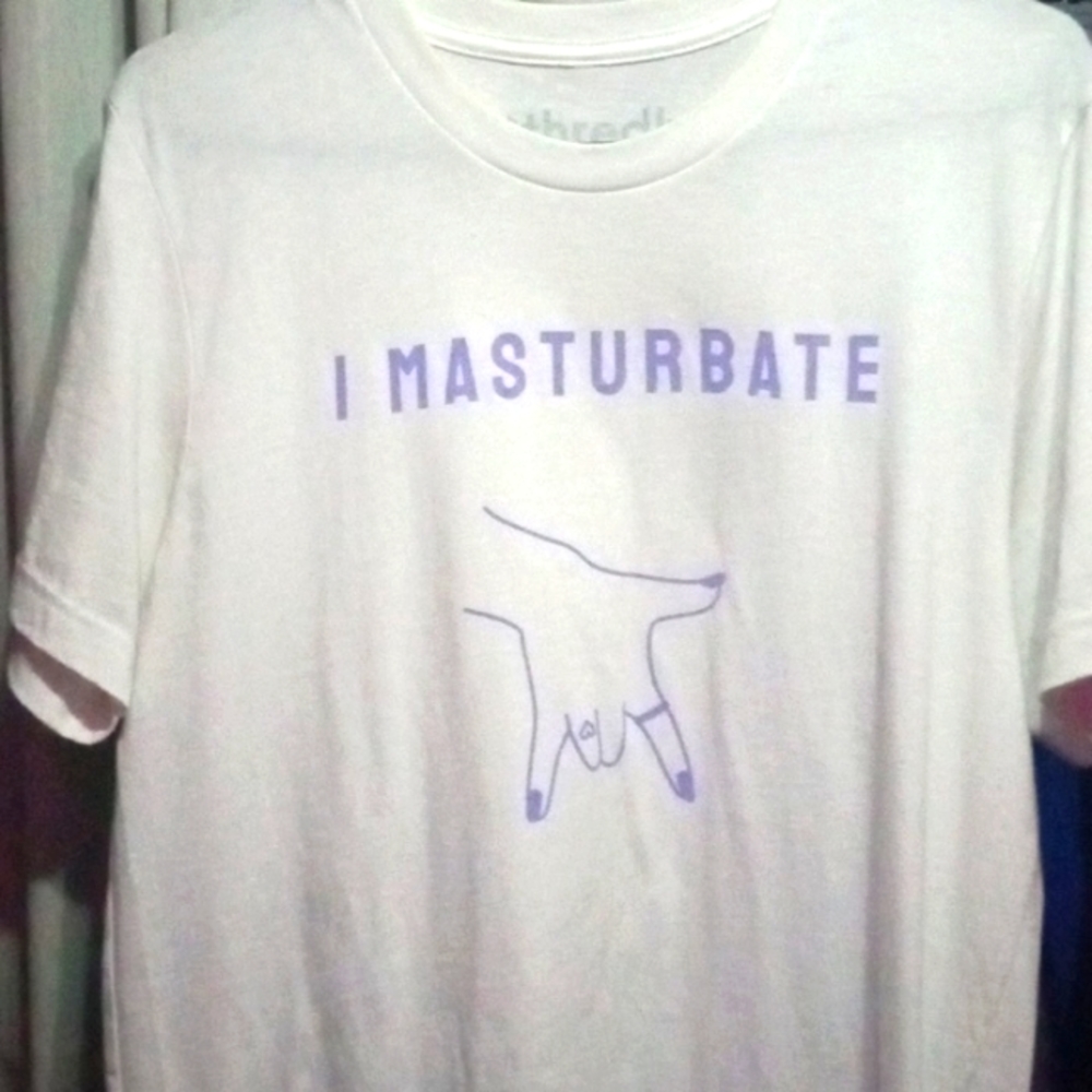 I masturbate shit sleeve  T-shirt novelty white with purple writing.